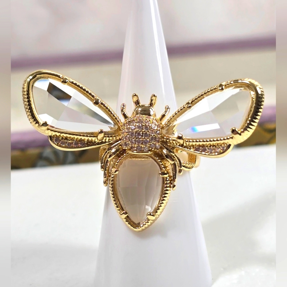 Gold Clear Crystal Bee Adjustable Ring